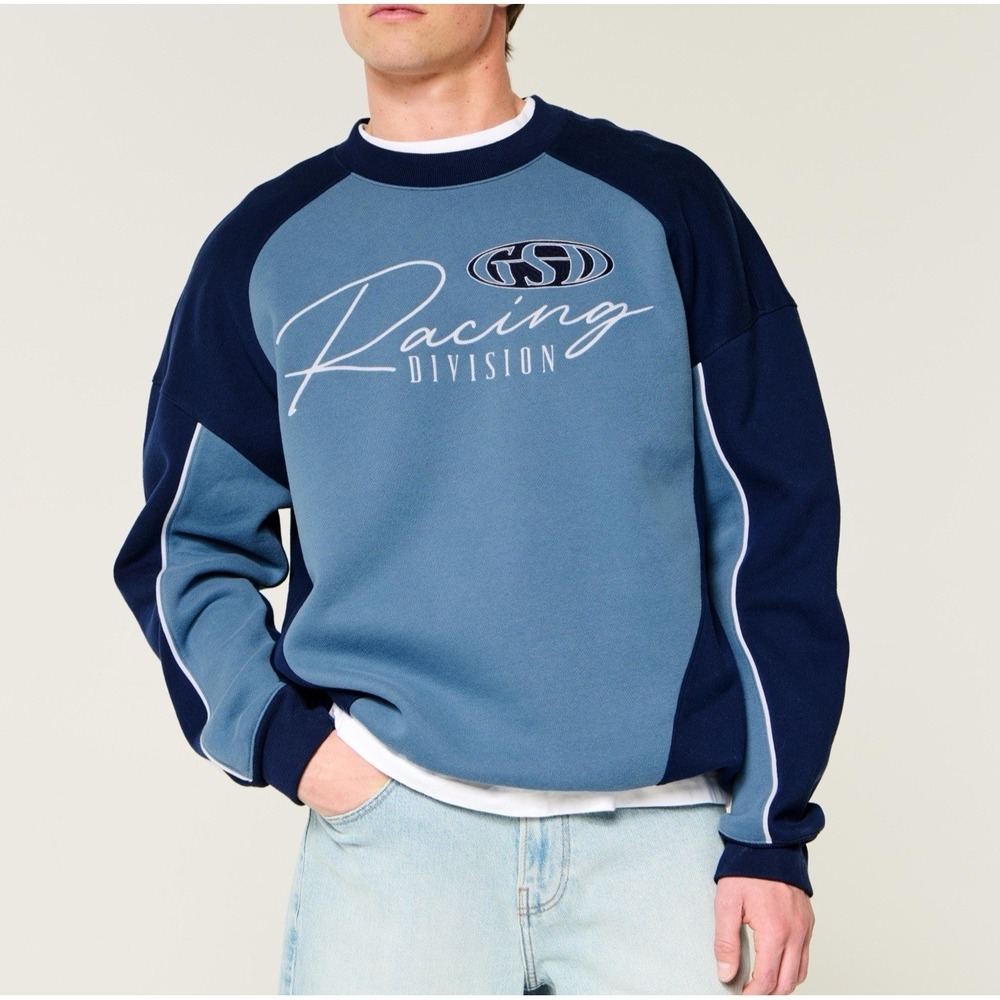 Hollister Williams Racing Graphic Crew Sweatshirt M Y2K Blue Crewneck Baggy Fit